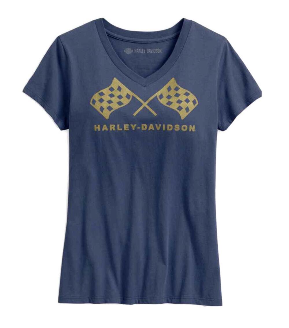 NWT Harley-Davidson Women's Blue Retro Race Flag V-Neck Tee 99237-19VW Large